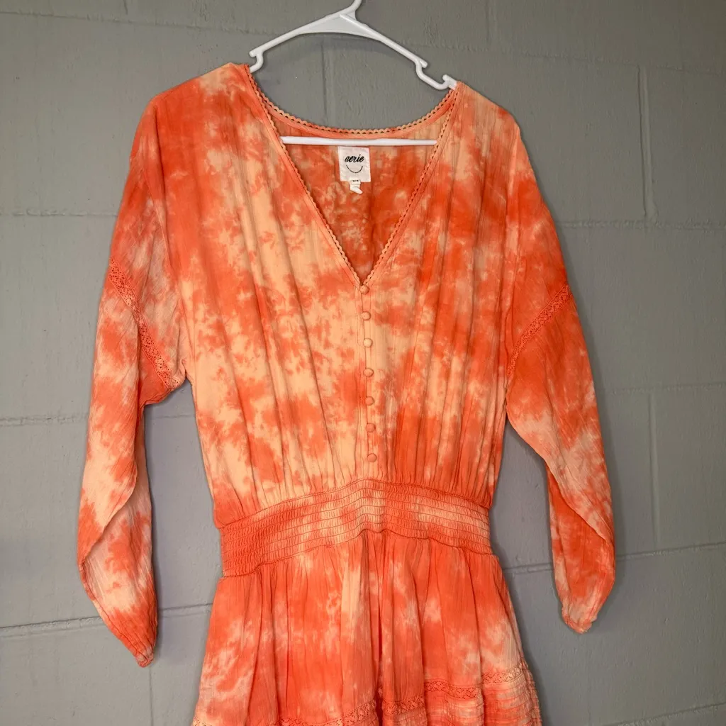 Aerie Rock N Ruffle Tie Dye Long Sleeve Mini Dress in Orange Women’s Size Medium - Image 4