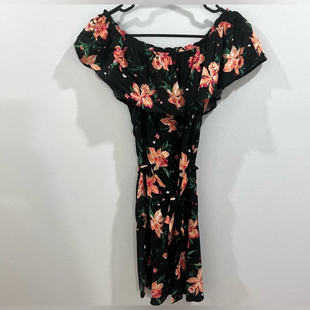 Off shoulder black and orange tropical print dress size small - Image 2