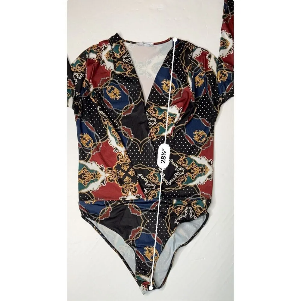 Zara Nautical Wrap Bodysuit Top Blue Burgundy Gold‎ Chain Print MEDIUM Colorful - Image 10