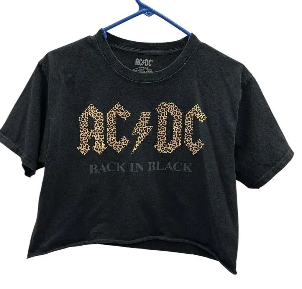 AC/DC Black Cotton Leopard Print Logo Back in Black Raw Hem Crop Graphic Tee M - Image 3