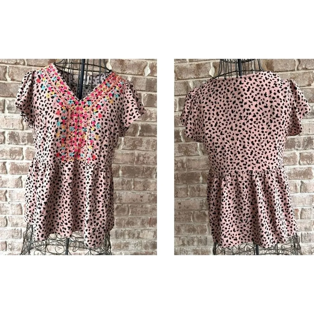 Savanna Jane Leopard Print Blouse Sz S Embroidered Artsy Flowy Sleeves Boho Fest Black - Image 4