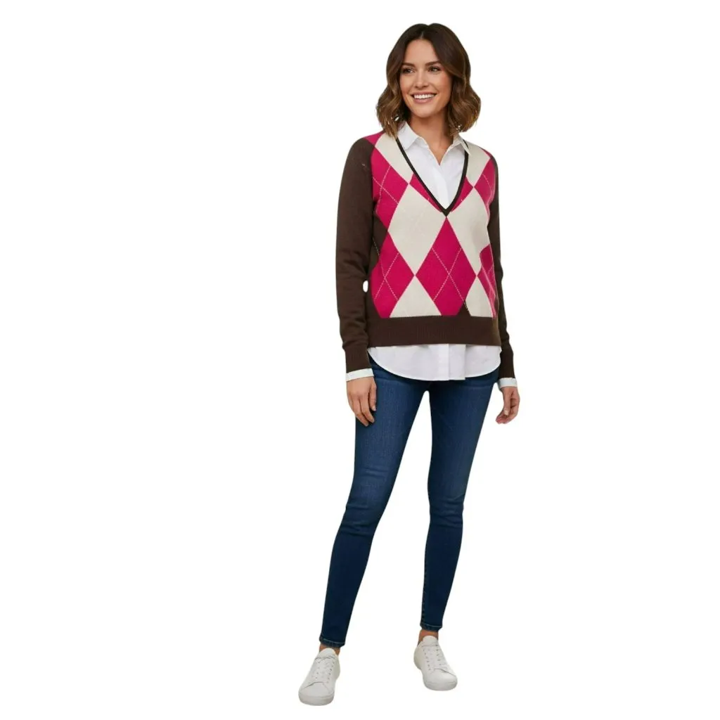 J.Crew Argyle Wool/Cashmere V neck Sweater L Brown Pink Casual Preppy Size L - Image 13