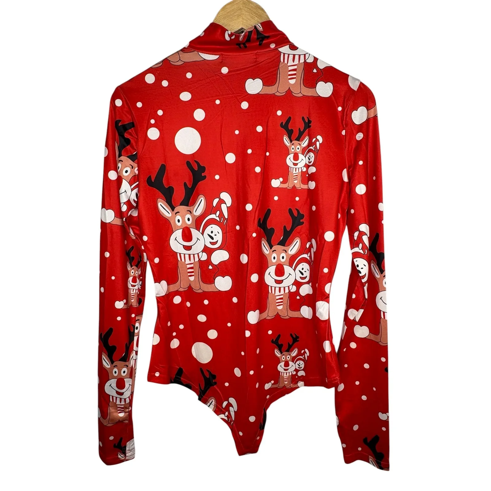 ChicMe Christmas Reindeer Snowman Print Zipper‎ Long Sleeve Bodysuit Women Large Red Size undefined - Image 2