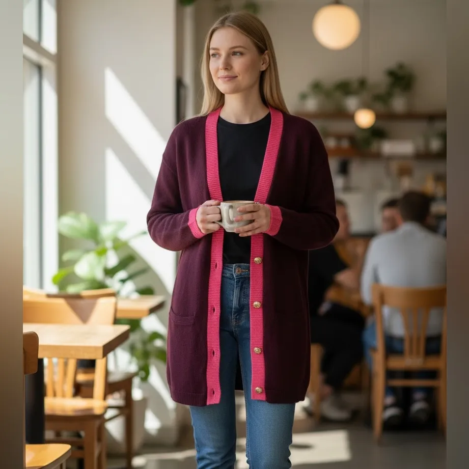 NWOT TALBOTS V-NECK CARDIGAN - TIPPED Contrast Embellished Gold Button Relax M - Image 3