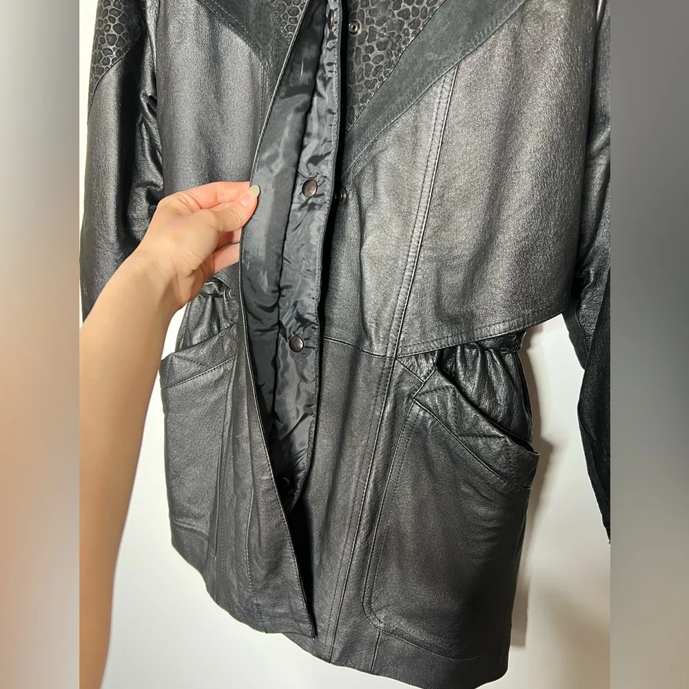 Vintage Euro Mond Of California Printed Genuine Leather Black Jacket Western - Image 7