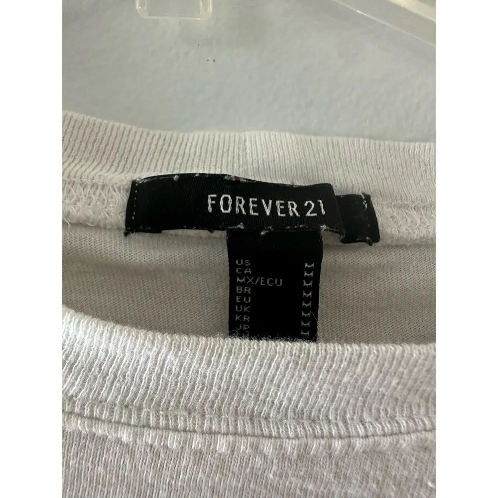 Forever 21 Top Women's Medium White Striped Long Sleeve Cropped Crewneck - Image 3