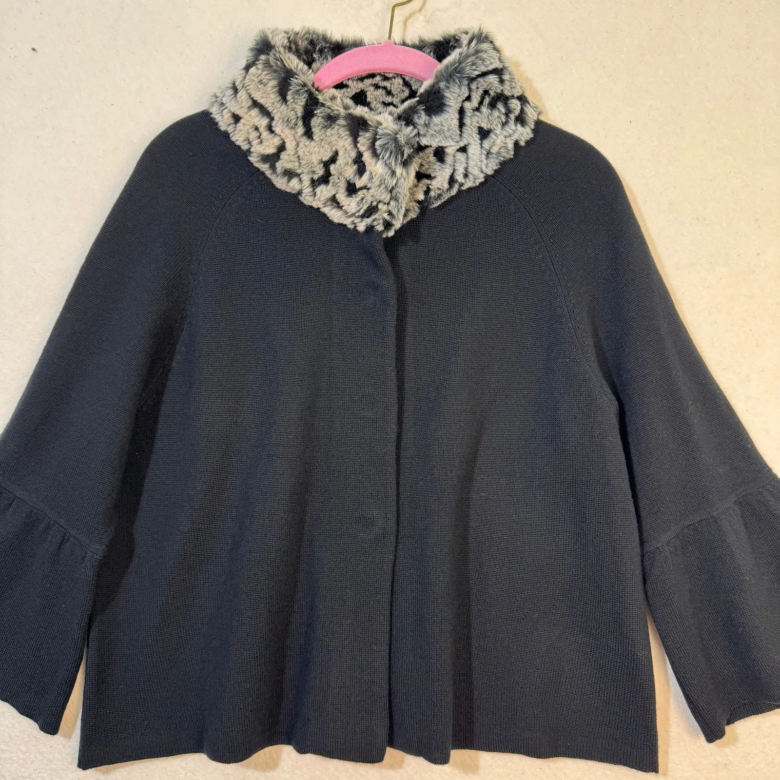 INC Fur Trimmed Collar Snap Front Black Sweater 3/4 Bell Sleeves Size X - Image 3