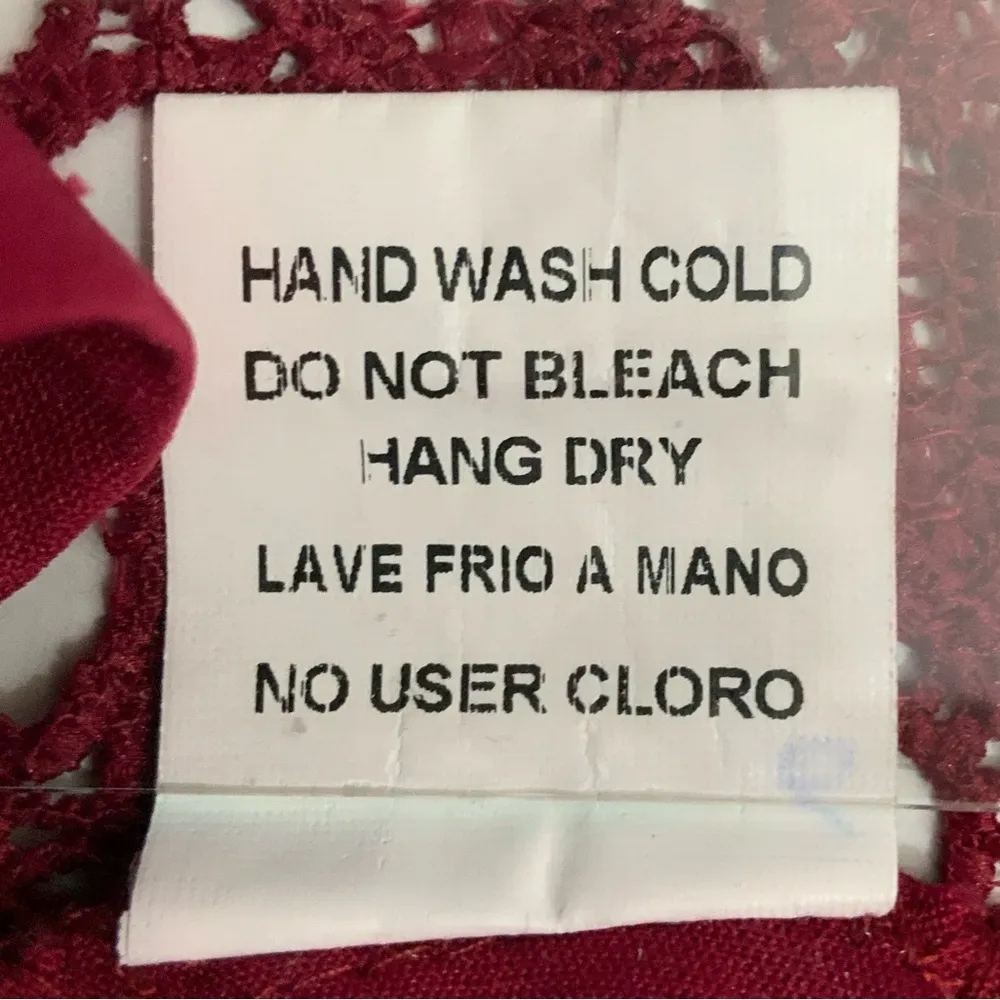 In The Beginning Dress Boho Peasant roll Sleeve Gauze Crochet Lace Burgundy LG - Image 9