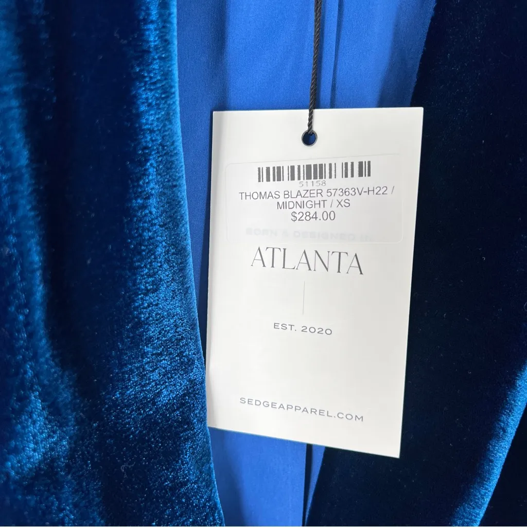 SEDGE Midnight Blue Velvet Womens Blazer Ruched 3/4 Sleeve‎ 1 Button Size XS - Image 7