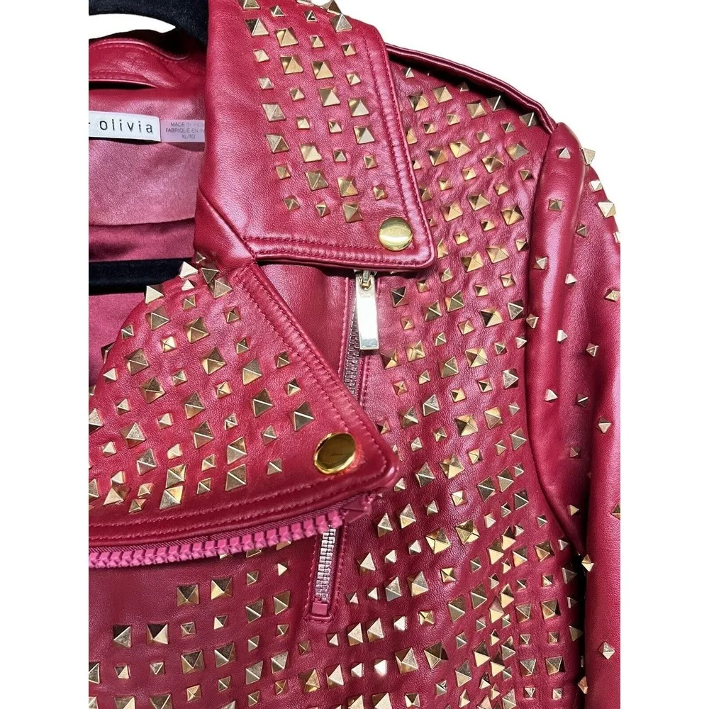 Alice + Olivia Krishna Leather Cropped Moto Jacket Bordeaux Women’s Size XL - Image 5