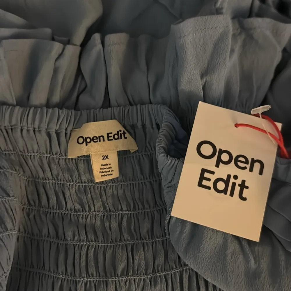 Open Edit Tie Front Puff Sleeve Blouse - Blue Chambray Size 2X - Image 9