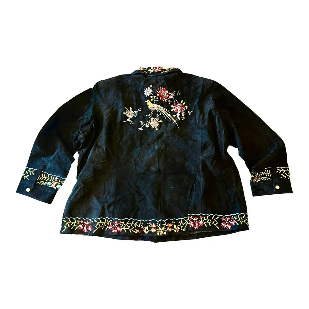 NEW Avanti Womens 3X Black Suede Leather JACKET Embroidered Bird Floral Mob Wife - Image 3