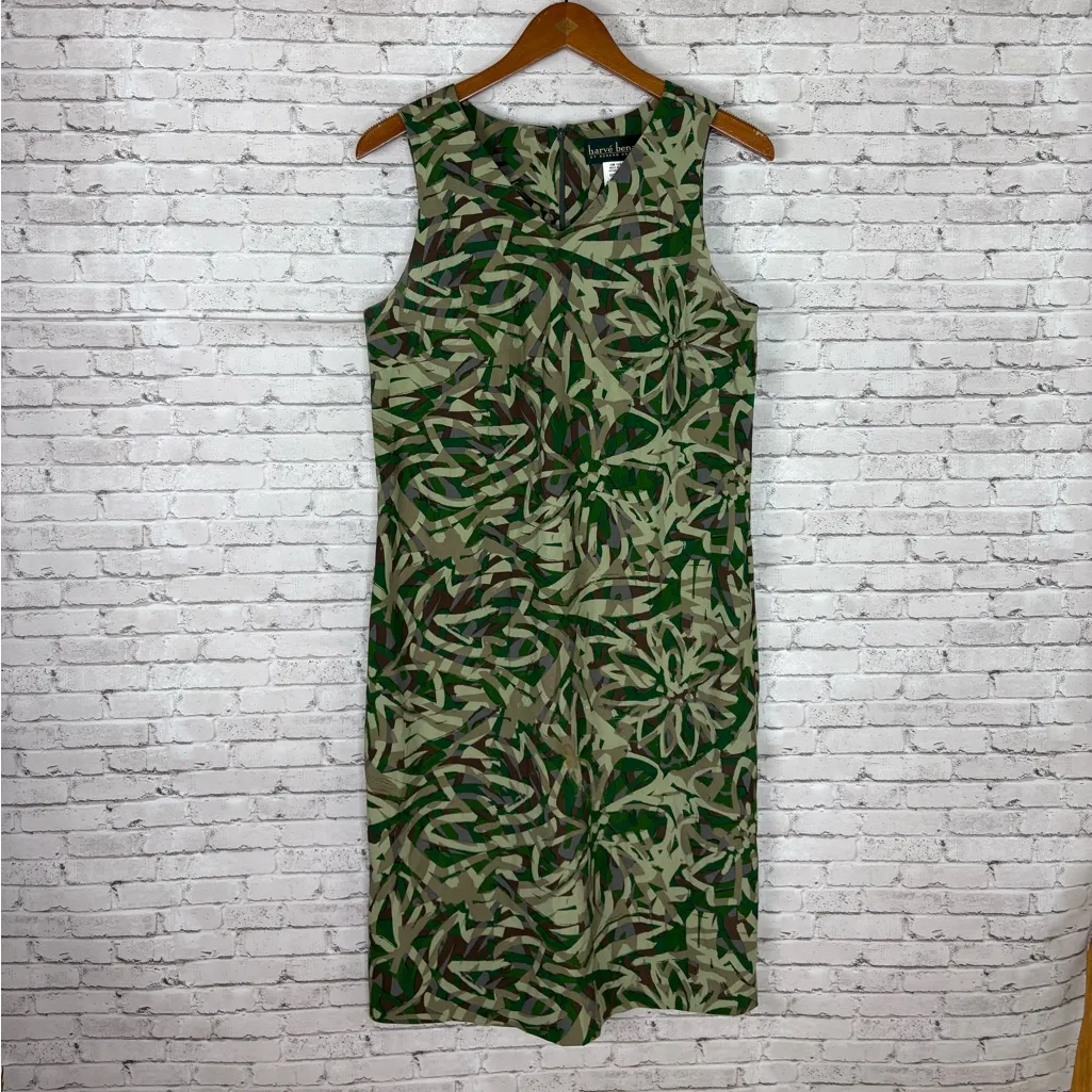 Vintage Harvé Benard Camouflage Floral Doodle Shift Dress Green Size 4 - Image 2