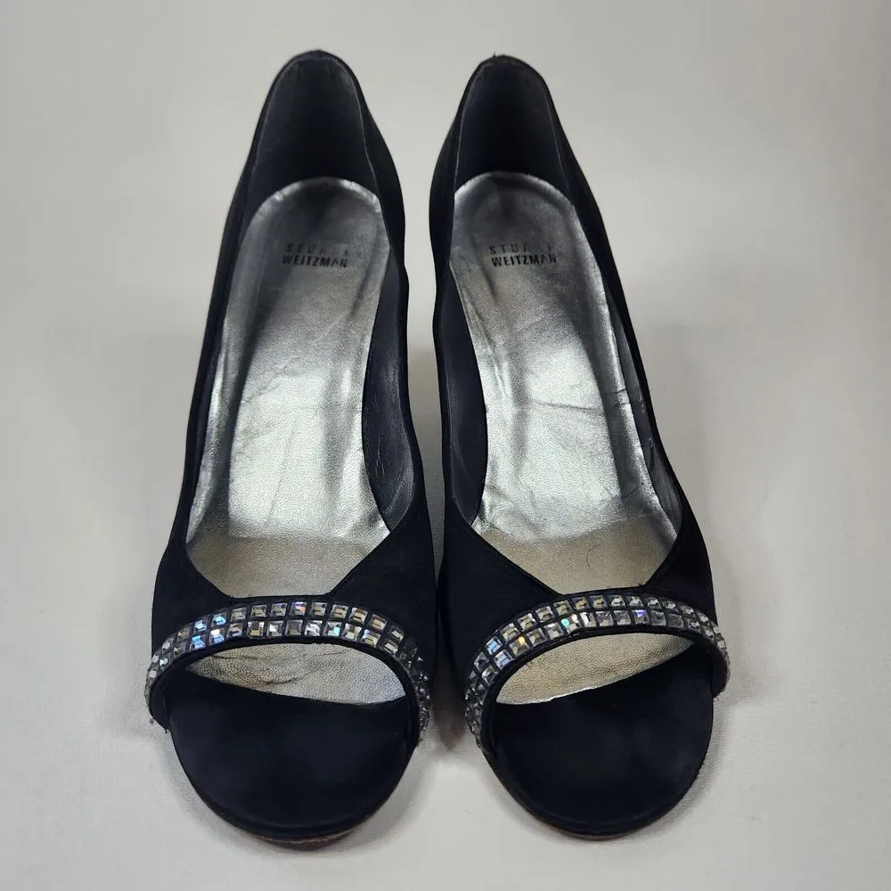 Stuart Weitzman Siremritz Black Satin Peep Toe Crystal Heels MADE IN SPAIN 10M - Image 5