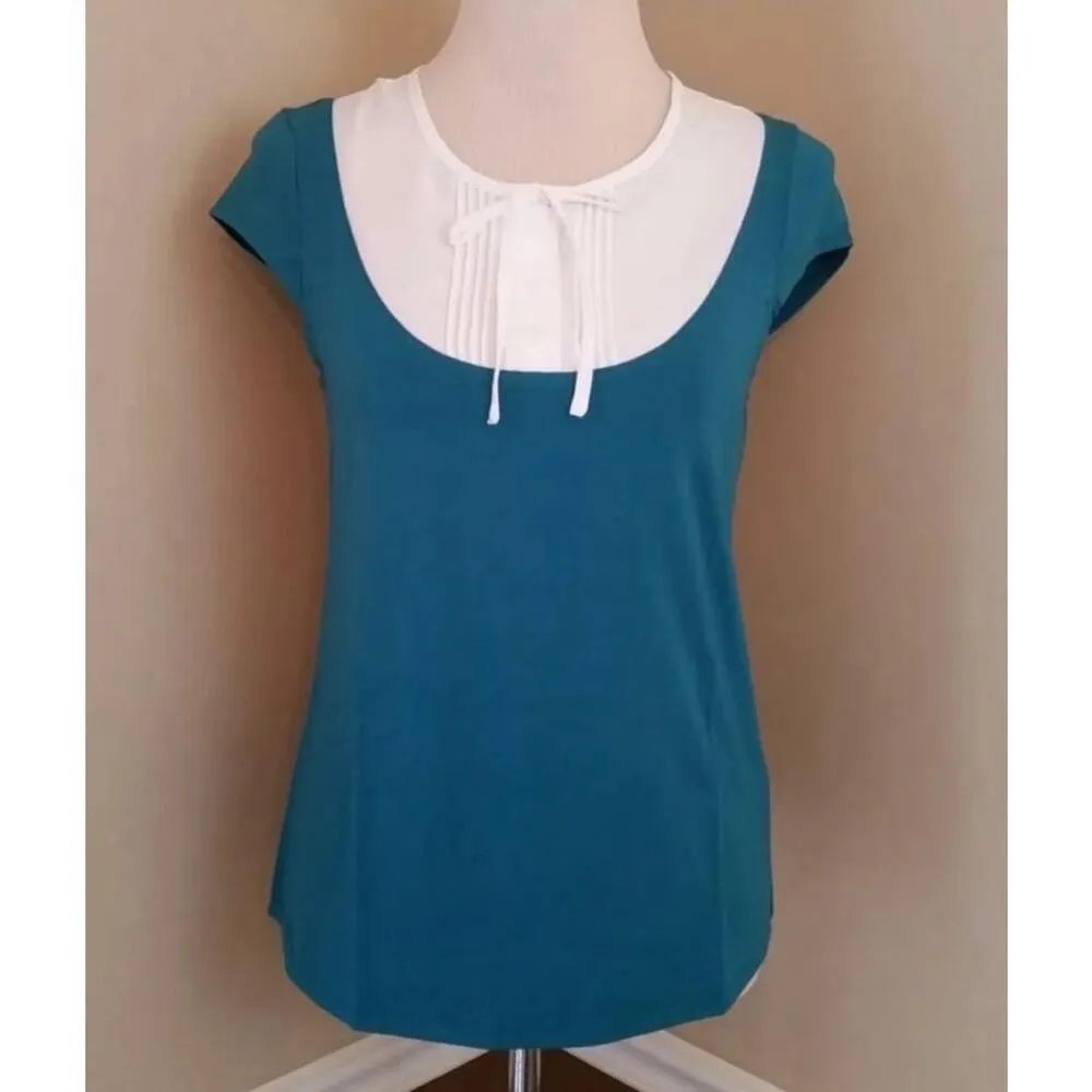 Modcloth Teal Turquoise Knit Top with White Pleated Yoke Neck Tie Cap Sleeves - Image 2