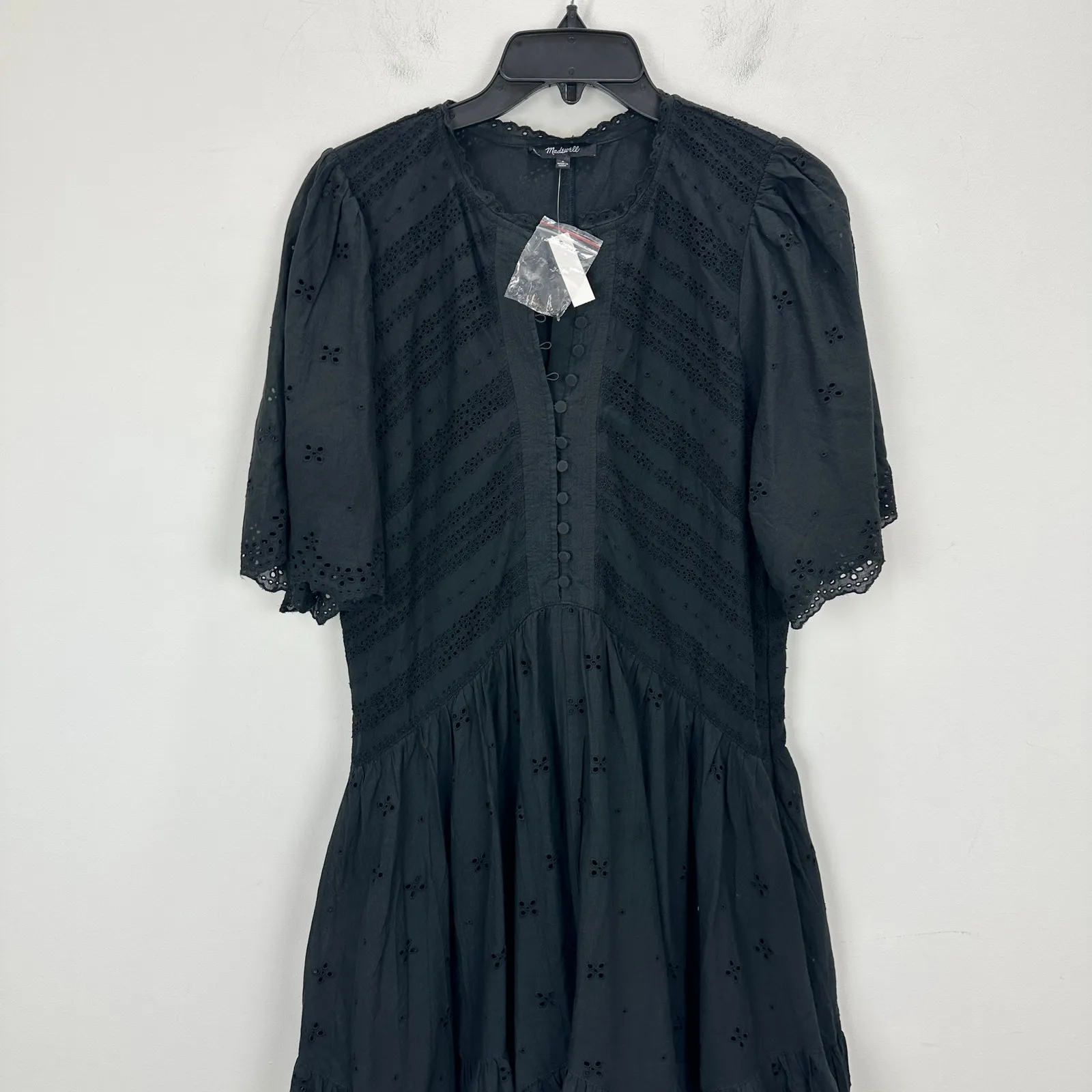 Madewell Eyelet Flutter Sleeve Mini Dress Cotton Boho Cottage Jet Black US 8 NWT - Image 8