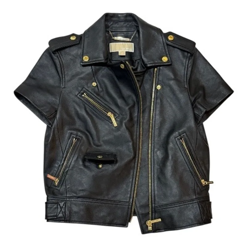Michael Kors S Leather Short Sleeve Moto Jacket MK Biker Belted Zip Lamb Plongé - Image 8