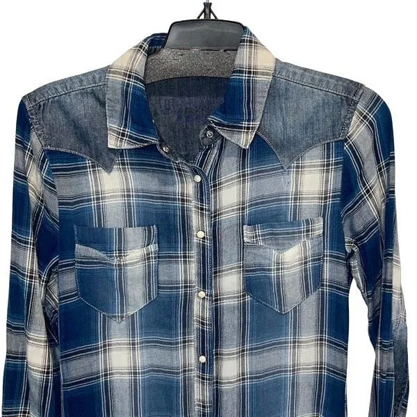 Blank NYC‎ Womens Plaid Denim Long Sleeve Cotton Shirt Blue Size XS NWT - Image 2