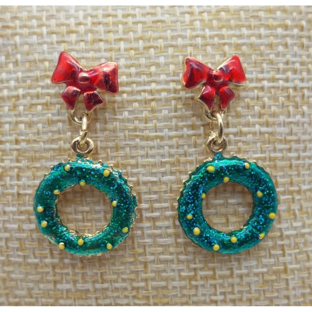 Cute Lot of 3 CHRISTMAS Earrings Dangle Ornament Holly Studs and Wreaths & Bows - Image 5