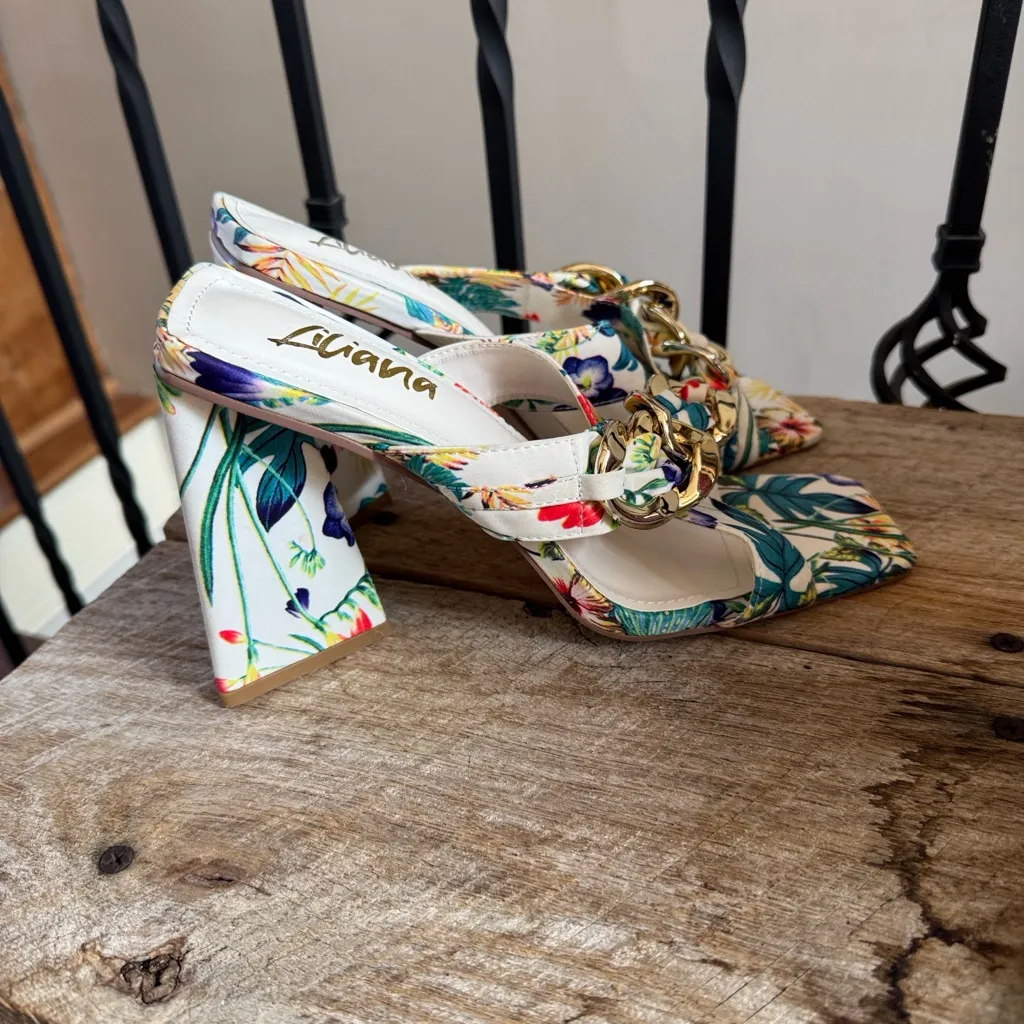 Liliana Floral Block Heel Sandals with gold chain detail 8.5 - Image 4