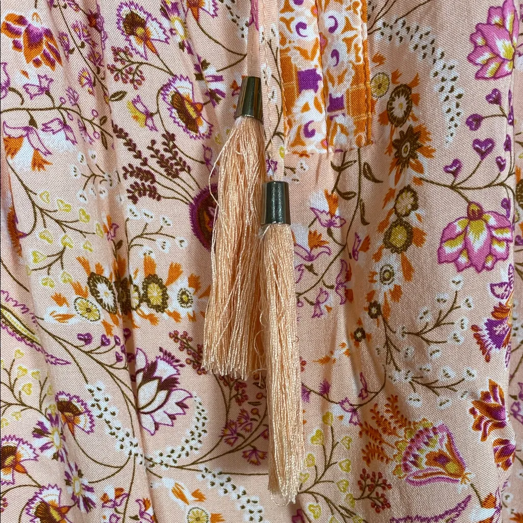 Rose & Olive Women’s Boho Floral Print Multicolor Keyhole Tassel Flutter Blouse - Image 6