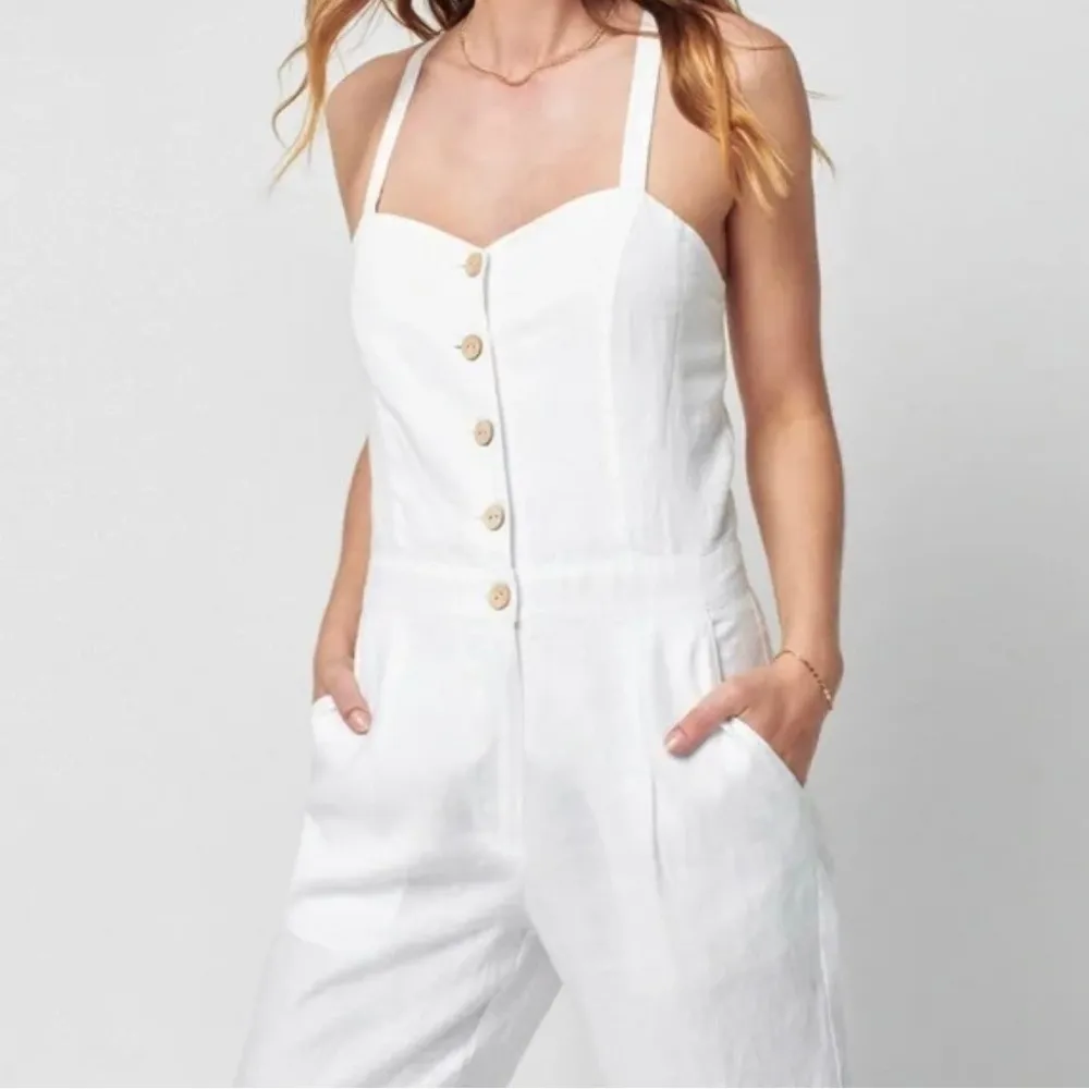 NWT Faherty 100% Linen Ozzy Jumpsuit in Oyster, Size Large - Image 3