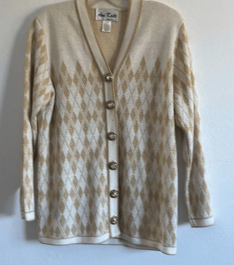 Ami Knits Womens Diamond Pattern Cardigan Sweater Off White Gold Size 10 Vintage - Image 1