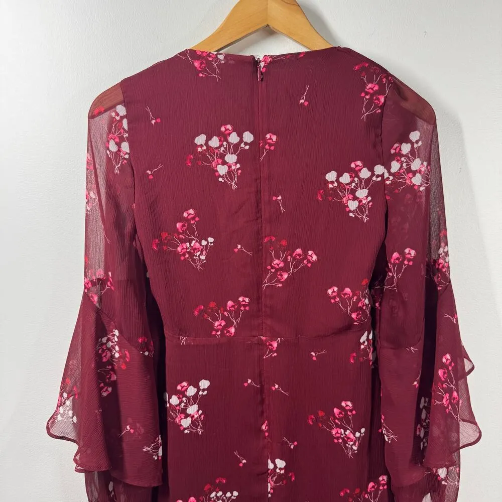 Express Dress Women 6 Red Floral Babydoll Illusion Sleeve Ruffle Boho Romantic - Image 6