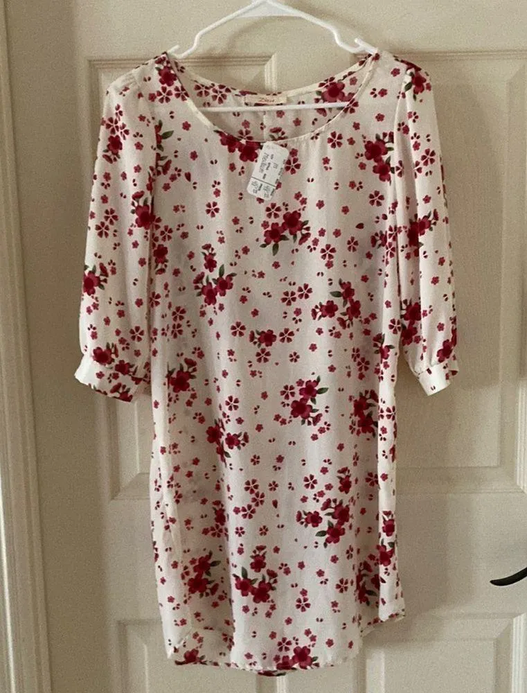 NEW Diosa Floral T-Shirt Puff Sleeve Dress Size Medium Cream Red Y2K 1990s NWT - Image 3