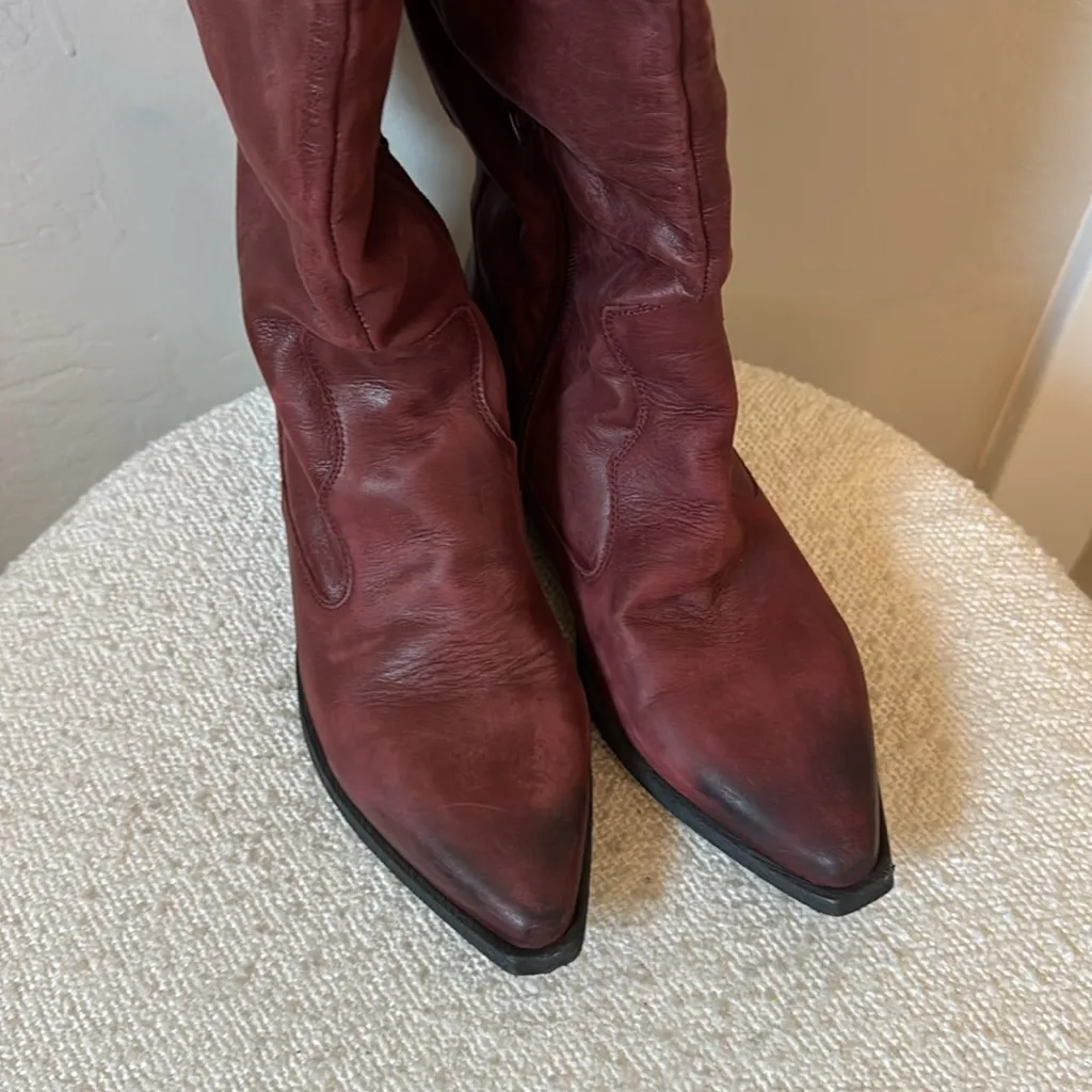 NWOT Free People Knee High Western Boot Burgundy Distressed Size 38 - Image 4