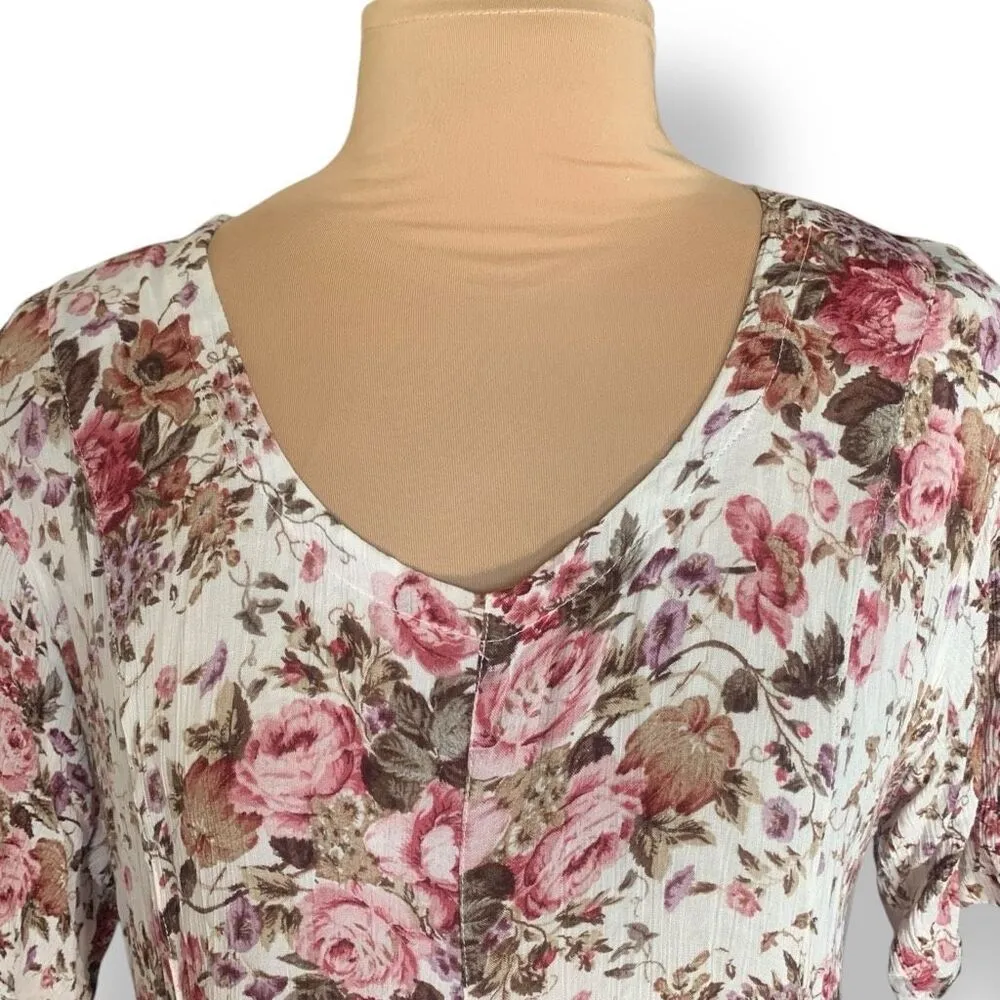 Vintage 90s Maxi Dress Pink Floral Cottagecore Short Sleeve Vneck Cream Pink Size M - Image 4