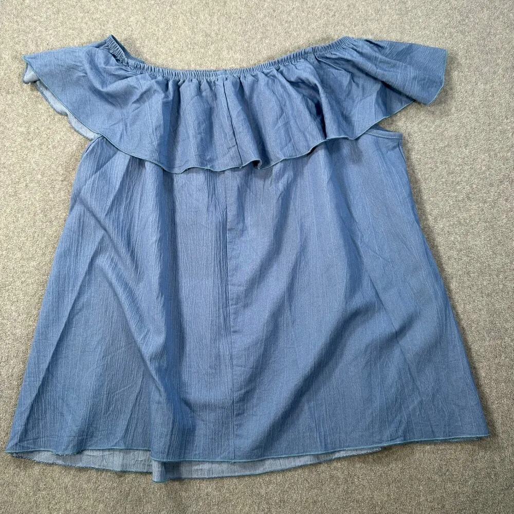 Discreet Off Shoulder Ruffle Blouse Women's 3X Blue Chambray - Image 7