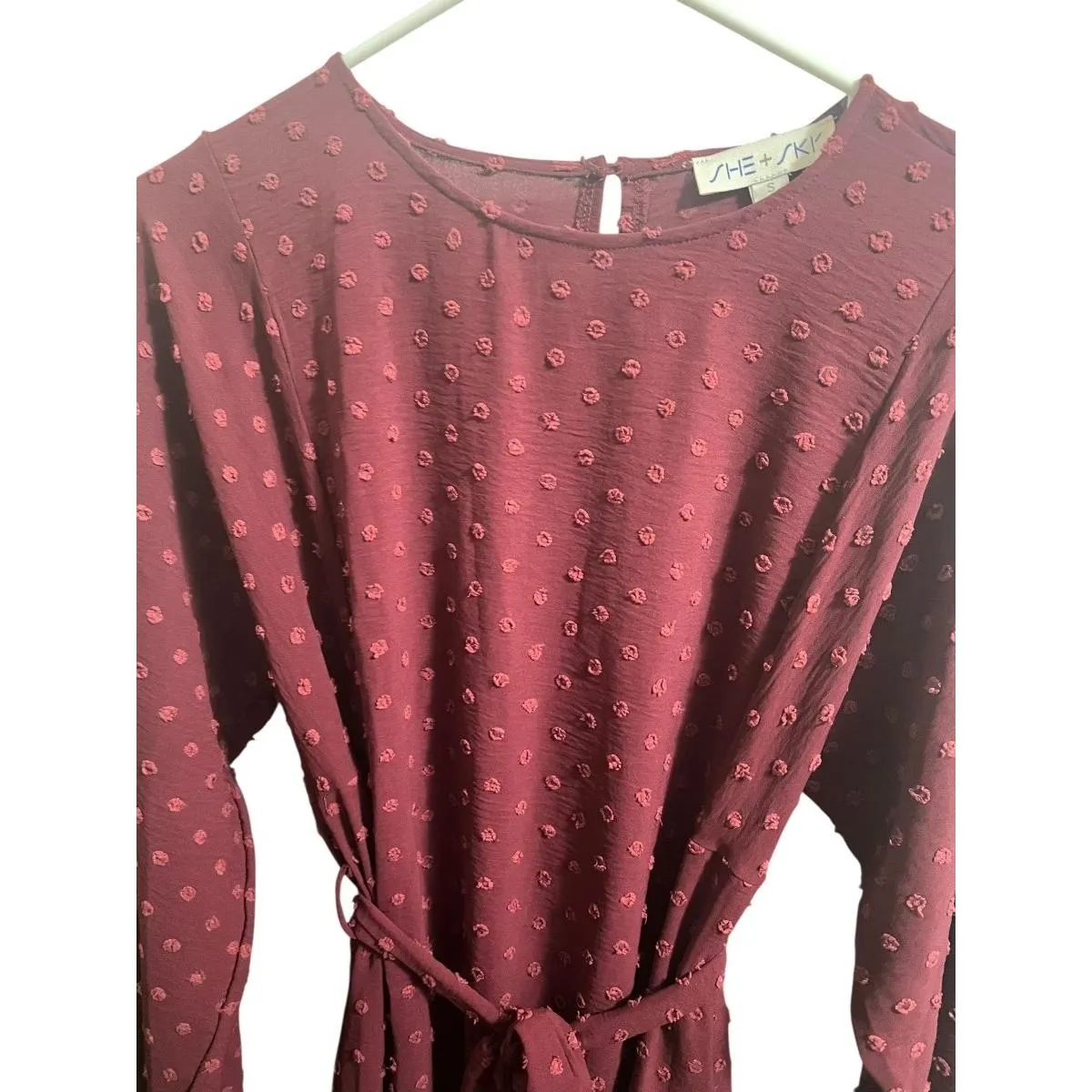 SHE + SKI Long Sleeve Dress Womens S Burgundy Swiss Dot Tie Waist Red - Image 5