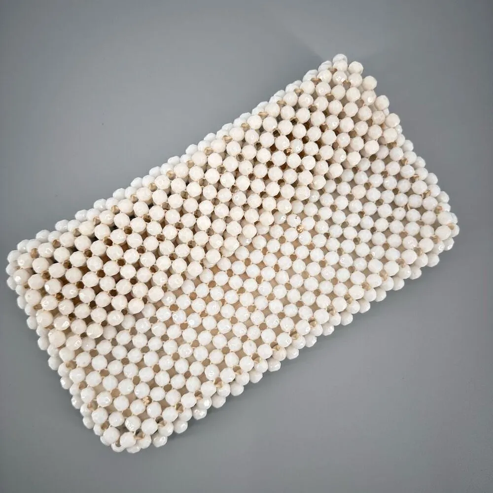 Vintage Women's Octagonal Softshell Beaded Top Zip Lined Clutch Bag White Mini - Image 2