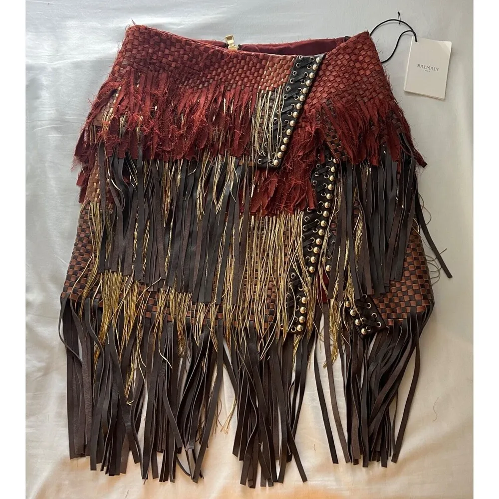 Balmain Fall 17 Runway Skirt Brown Tribal Lamb Leather Gold Fringe Brass Kendall - Image 5