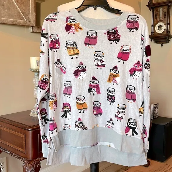 Comfy Pajama Top Long Sleeve Fleece Soft Lightweight Owls Oversized Small - Image 1