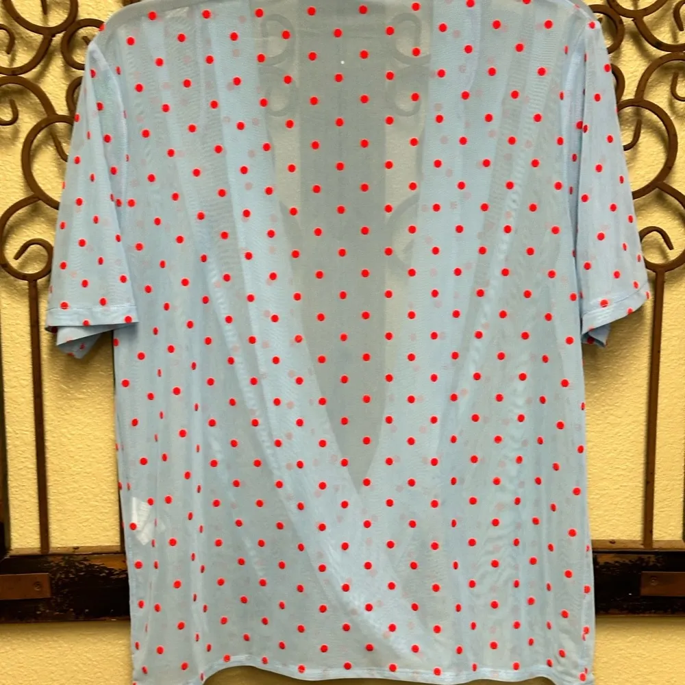 Zara baby blue red polkadot semi sheer draped blouse - Image 4