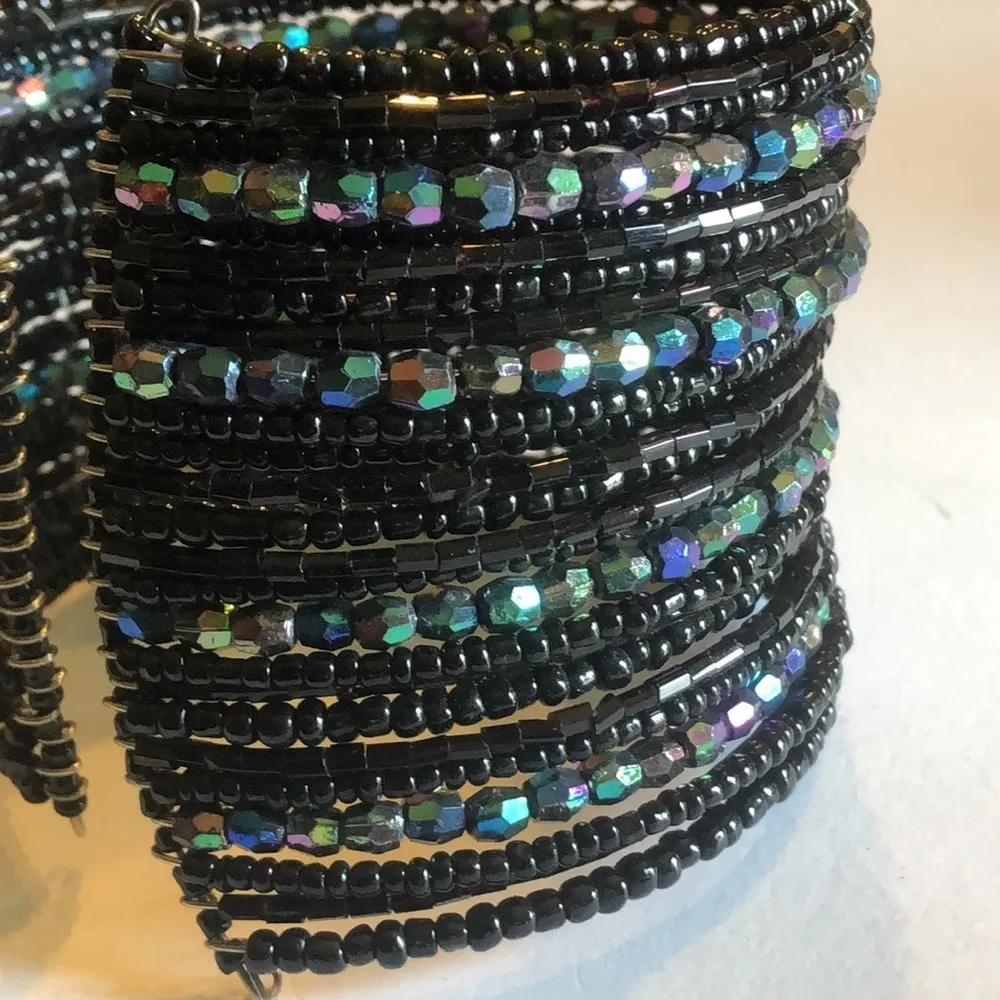 Black AB Rainbow Coated Seed Bead Beaded Boho Wide Cuff Bracelet - Image 5