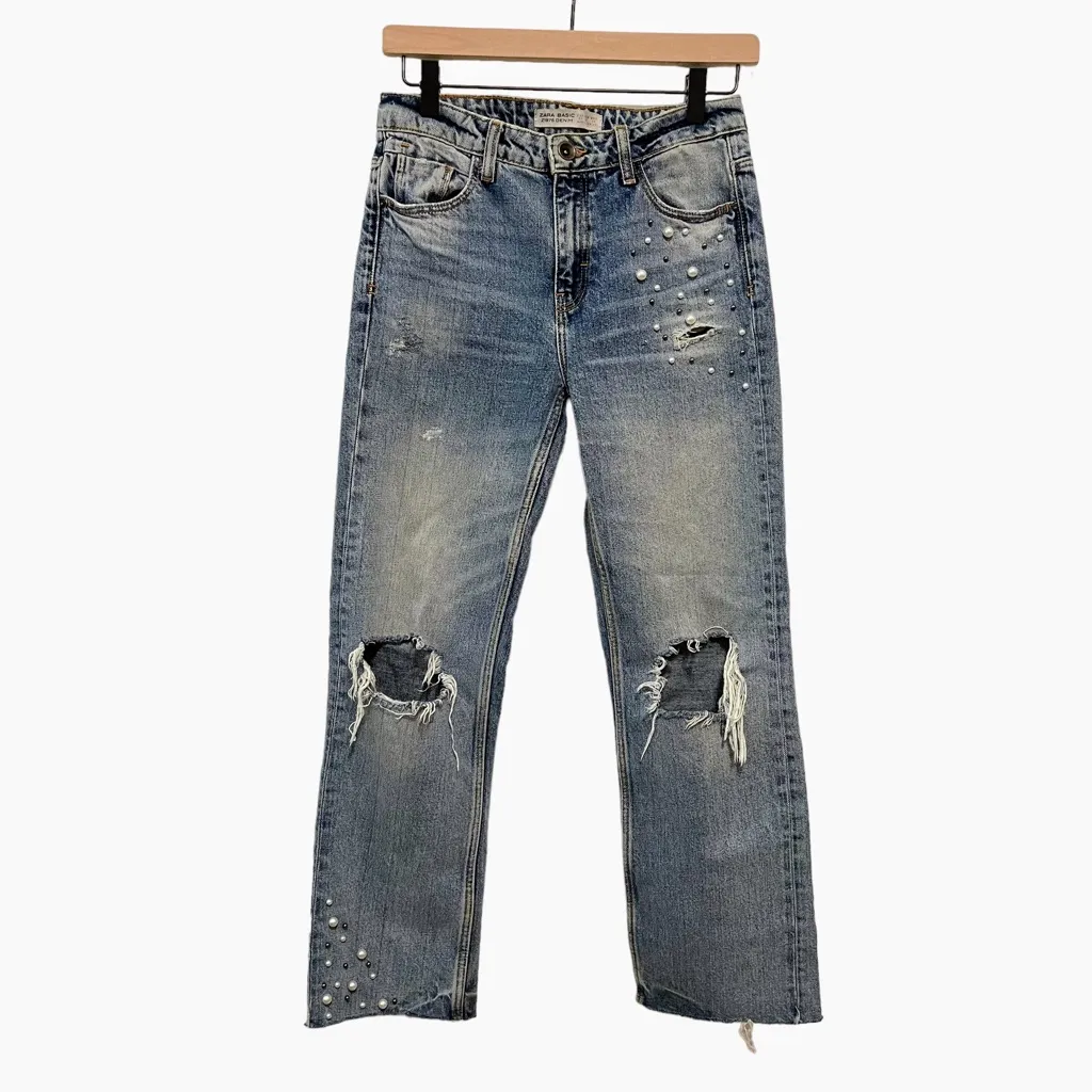 Zara Basic Z1975 Denim Straight Pearl Distressed Embellished Jeans 2 - Image 6