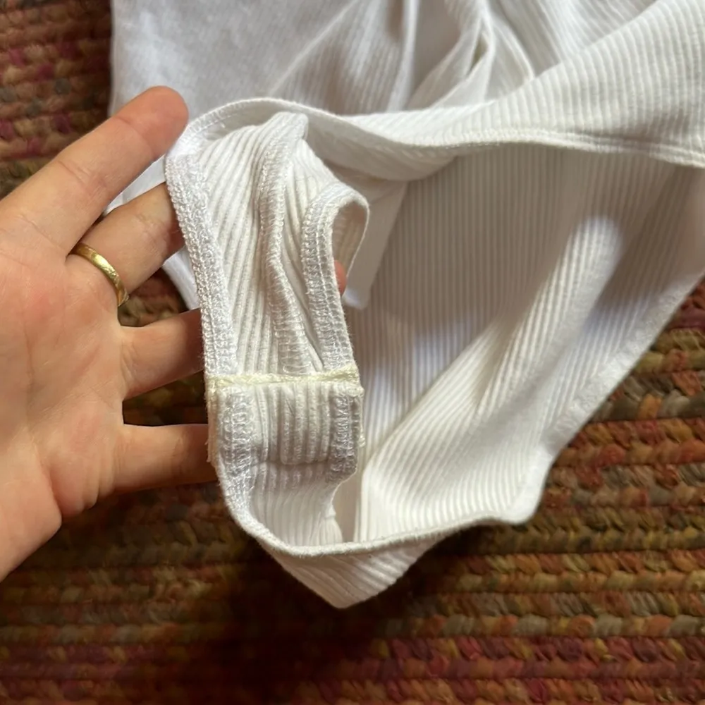 WHITE BASIC RIBBED V NECK TWIST FRONT BODYSUIT ONE PIECE - Image 4