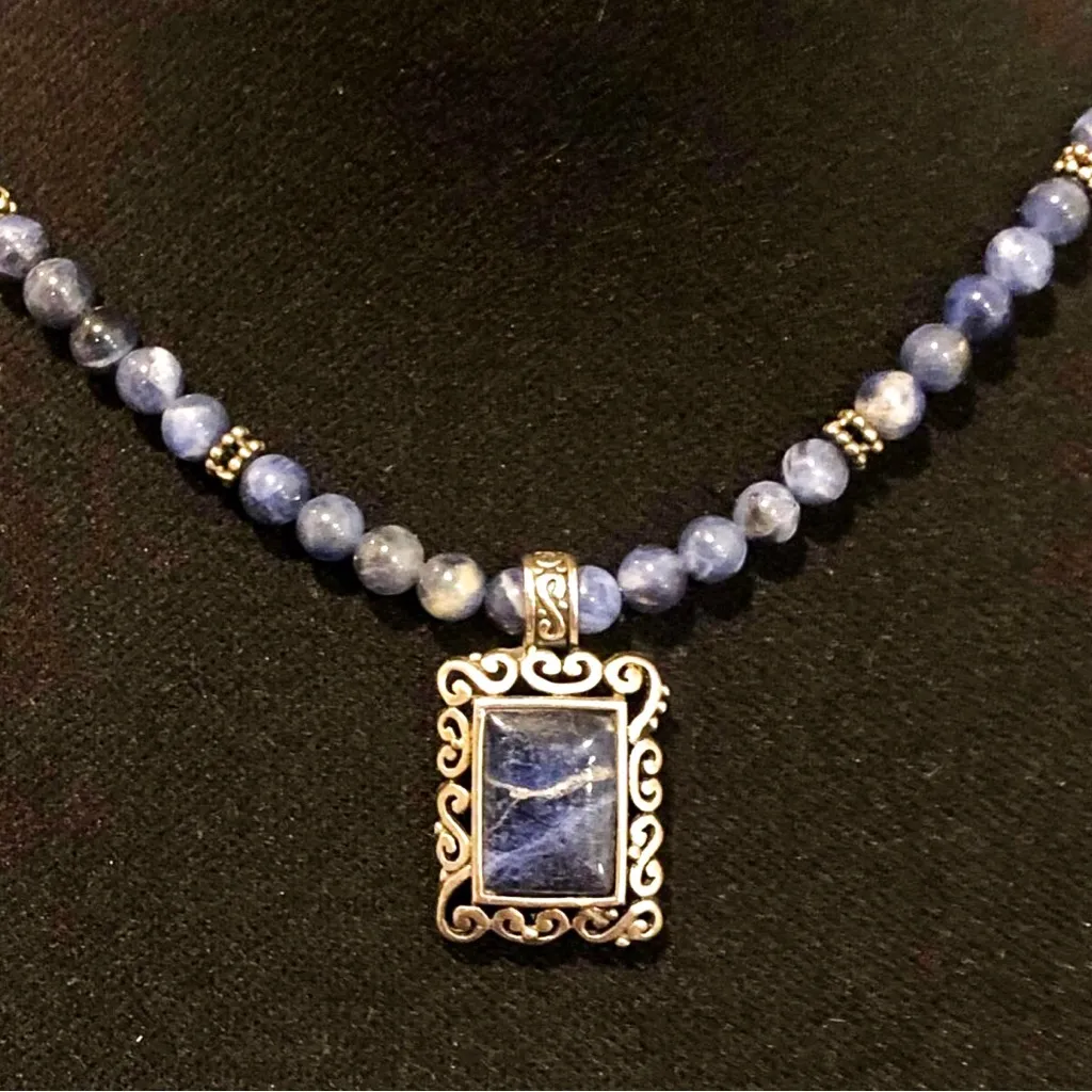 Sodalite Beaded Choker Necklace Lapis Lazuli Sterling Silver Pendant Extension Blue - Image 10