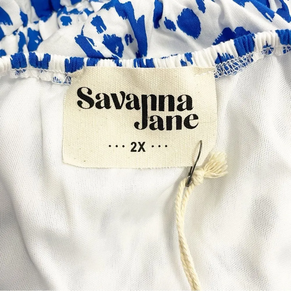 NWT Savanna Jane Boho Blue & White Ikat Floral Embroidered Shorts Romper Size 2X - Image 9