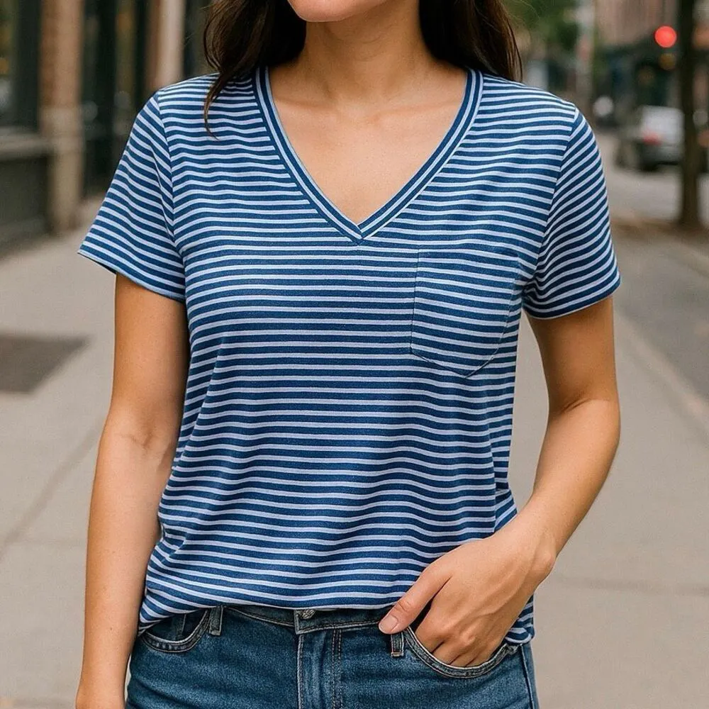 Superdry Blue & White Striped Tee Women’s Size 10 | V-Neck Casual Top - Image 3