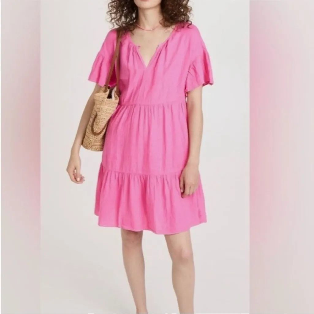 Velvet Noor Linen Ruffle Mini Dress in Tahini Pink Sz M oversized fit - Image 2