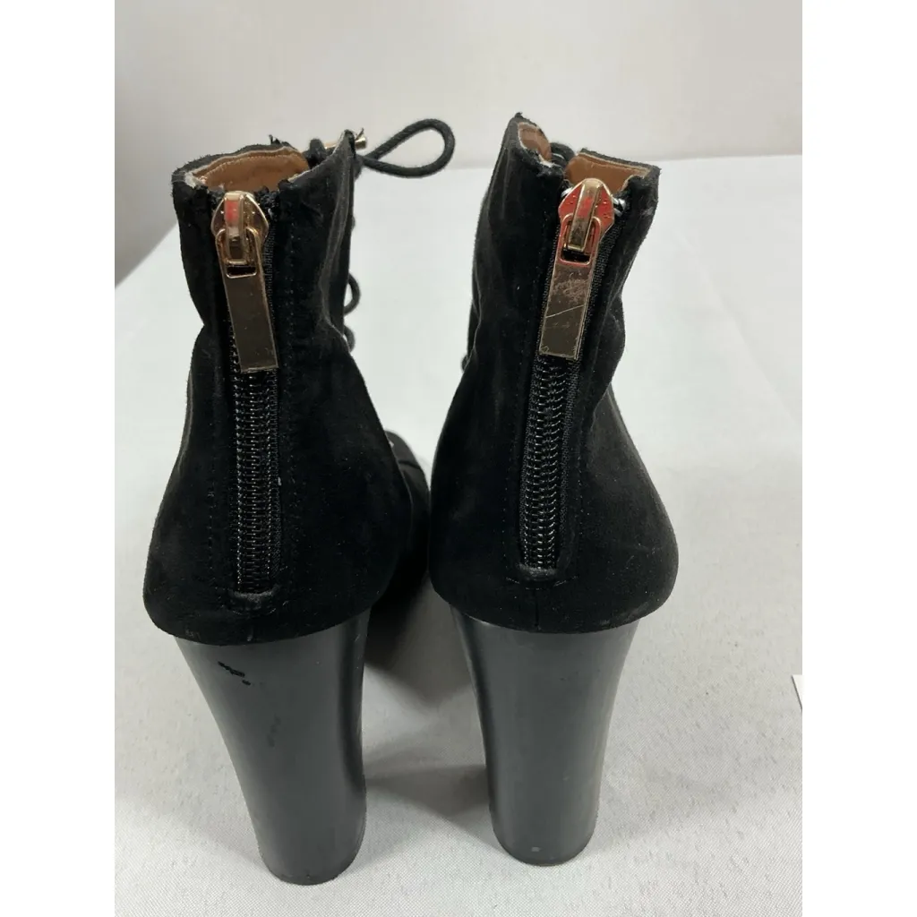 Womans Bamboo Booties Eu 40 Us 10 Black Peep Toe Lace Up Zip Up Stacked Heel - Image 5