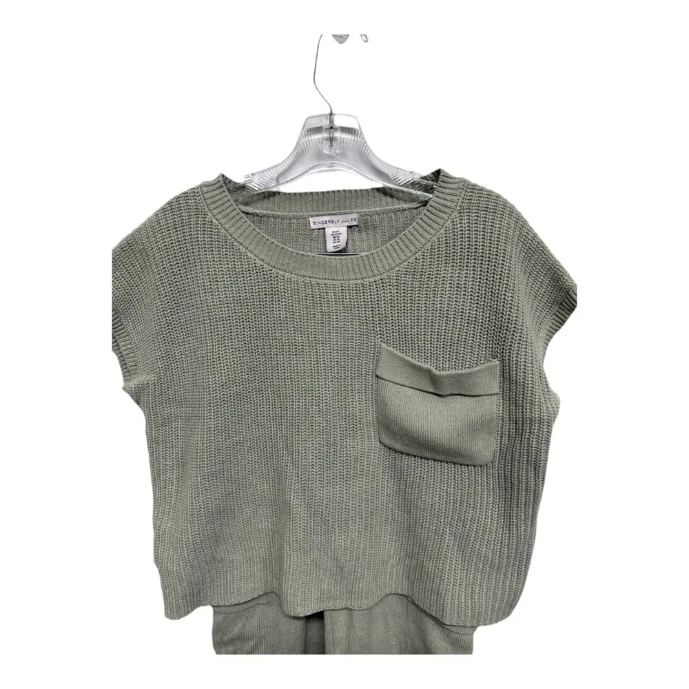 Sincerely Jules Olive Green Flare Leg Lounge Knit Sweater Set Short Sleeve XS - Image 4