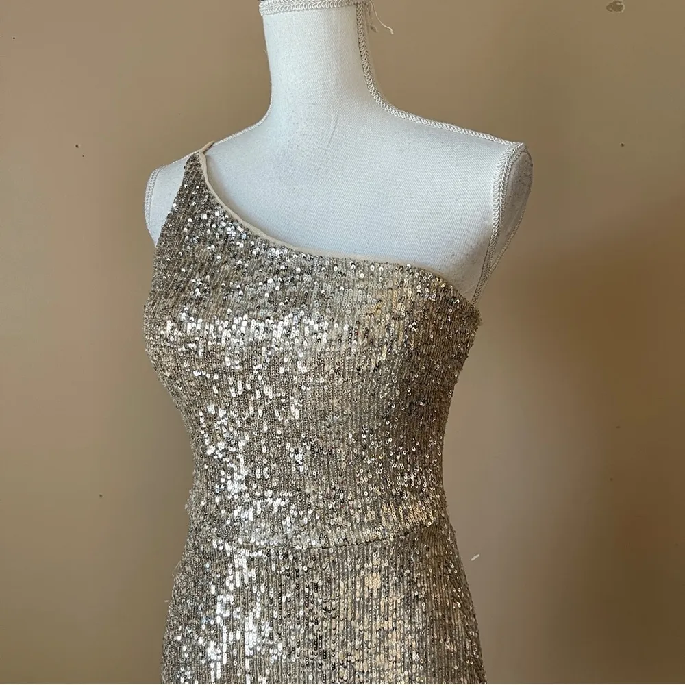 XSCAPE | Gold Metallic Sequin One Shoulder Body Con Cocktail Dress Sz 6 - Image 6