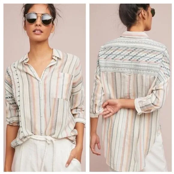 Anthropologie Akemi And Kin Embroidered Striped Button Down Top XS/S Oversized - Image 2