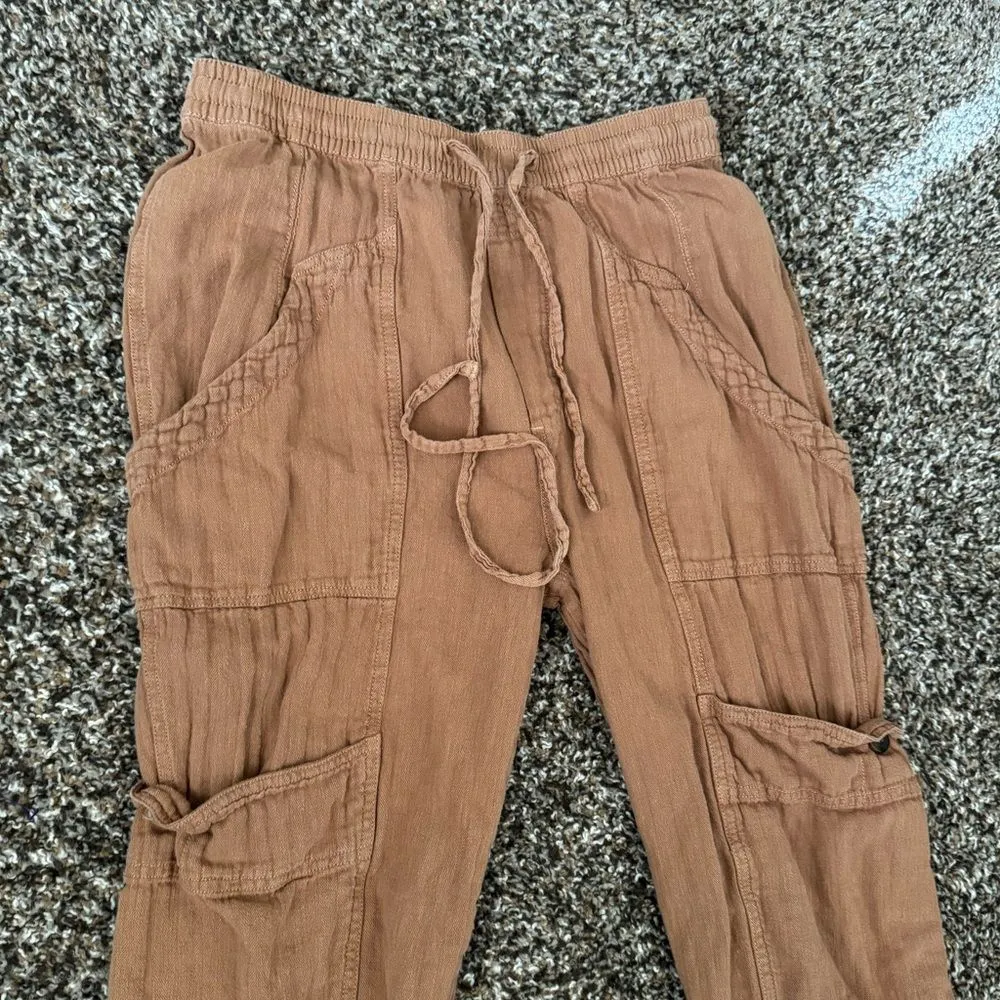 Free People Feel Good Utility Pull On Pants Sz XS Boho Linen Gauzy‎ Brown - Image 3