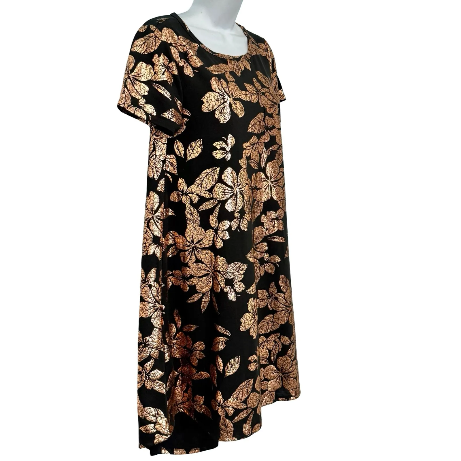 Lularoe Carly Metallic Gold Foil Floral Black Shirt Short Sleeve Dress size XS - Image 9
